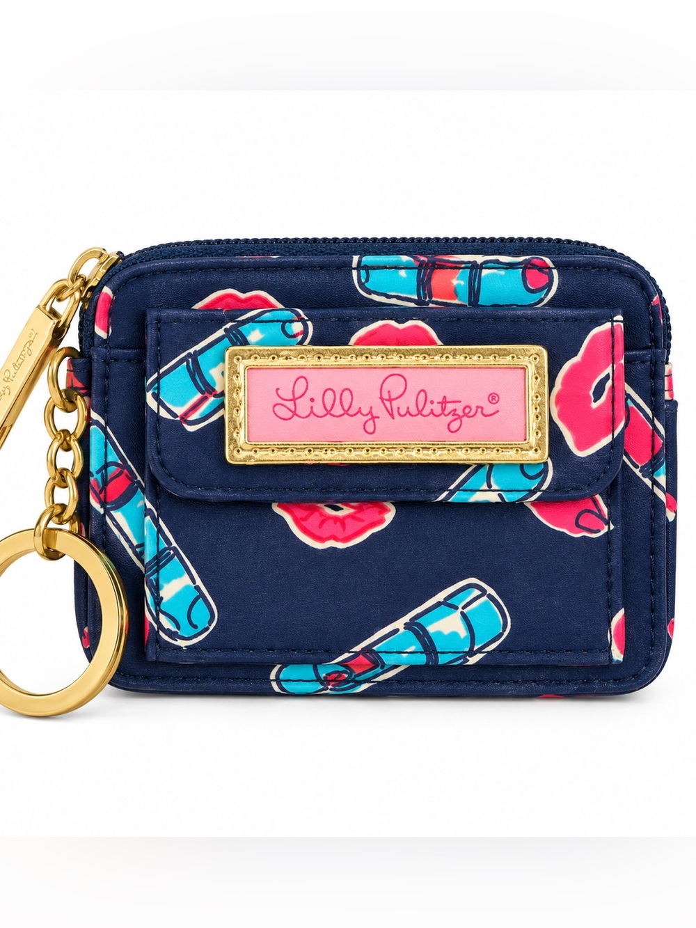 Lilly Pulitzer Navy Lipstick Lips Print Keychain Card Case Wallet